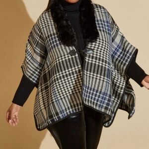 NWT Jones New York Chic Blue/Black Plaid Cape with Faux Fur Collar - ONE SIZE